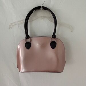 Beijo Blush Pink Patent Leather Satchel Bag‎ Black Handles Dome Purse